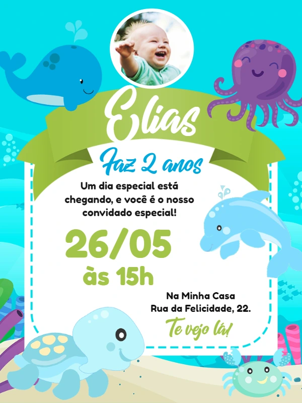 Convite Aniversário Fundo do Mar com Foto para Editar Online