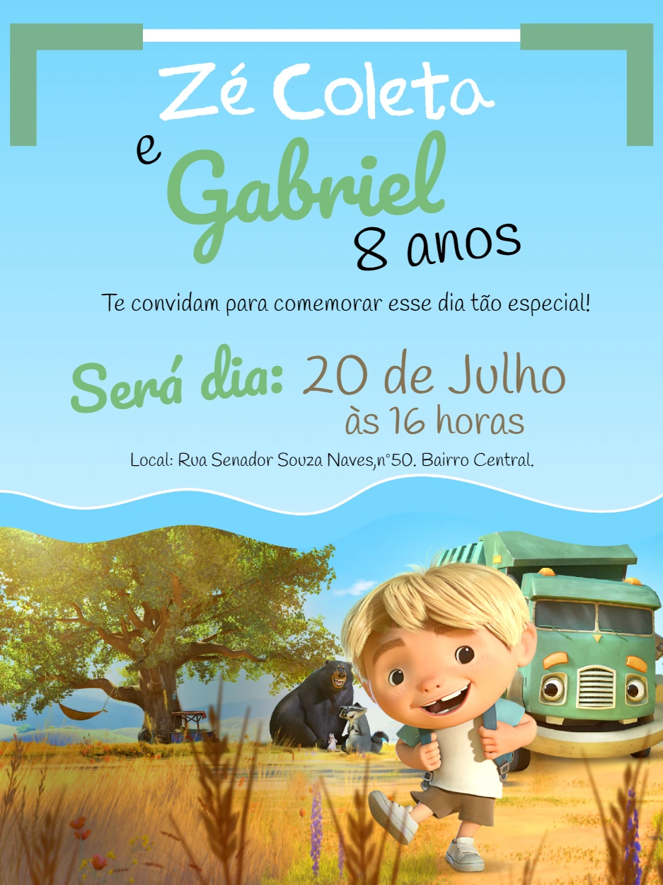 Convite Aniversário Desenho Caminhão e Amigos para Editar