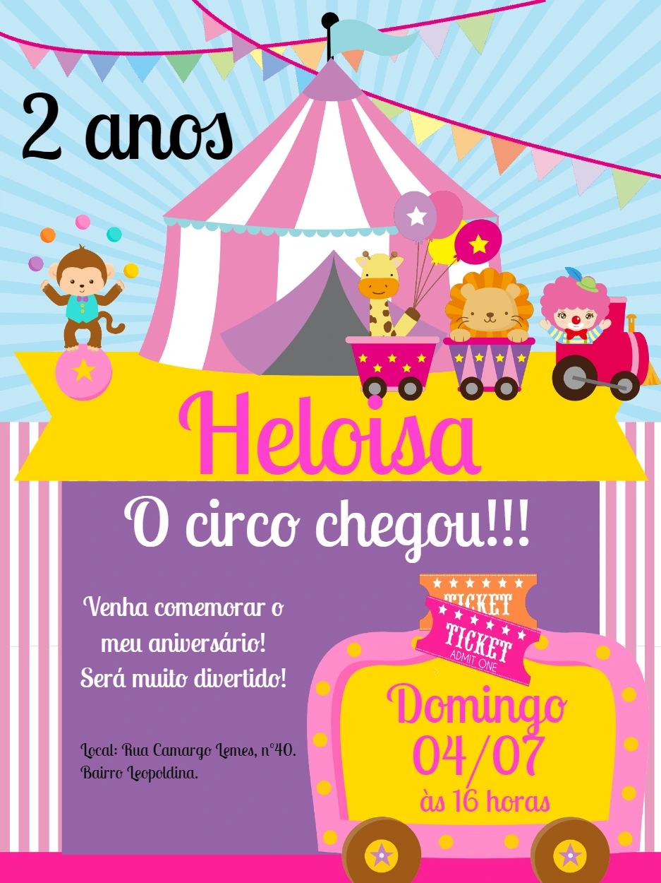 Convite Aniversário Circo Rosa para Editar Online