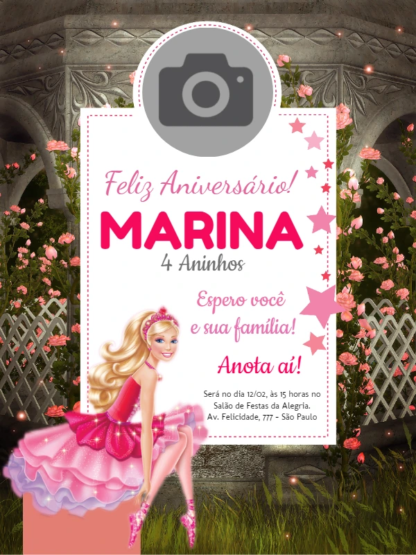Convite de Aniversário Barbie com Foto para Editar Online