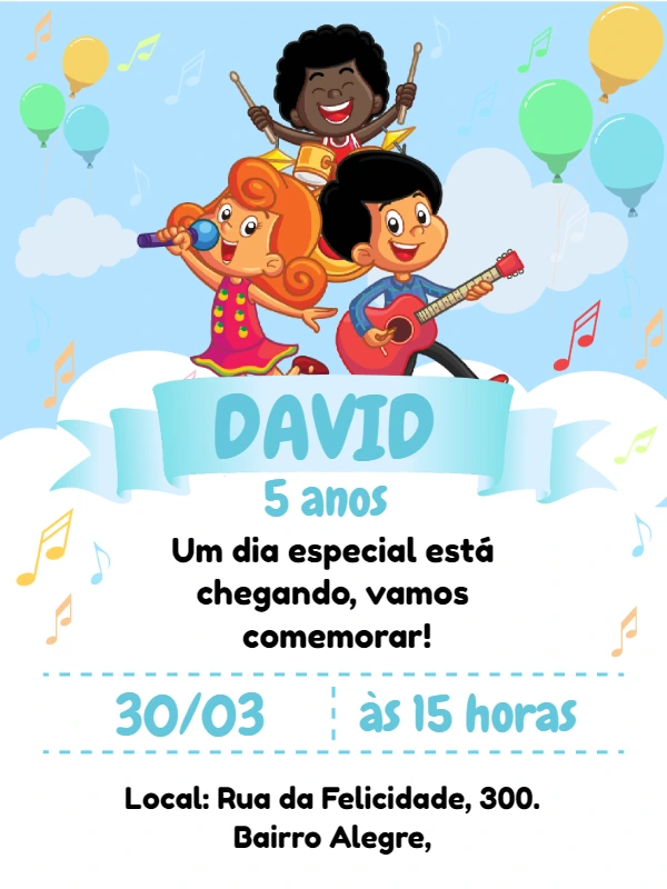 Convite Aniversário Três Palavrinhas Musical para Editar Online