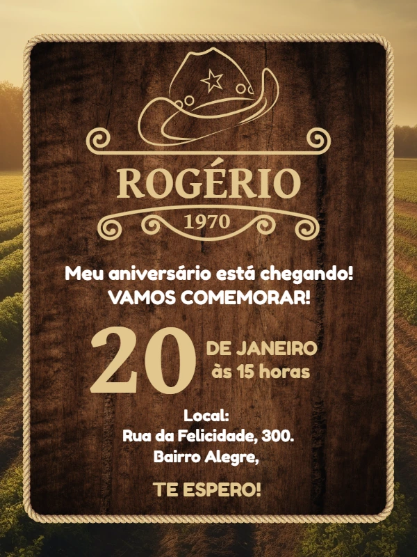 Convite de Aniversário Country Rústico para Editar Online