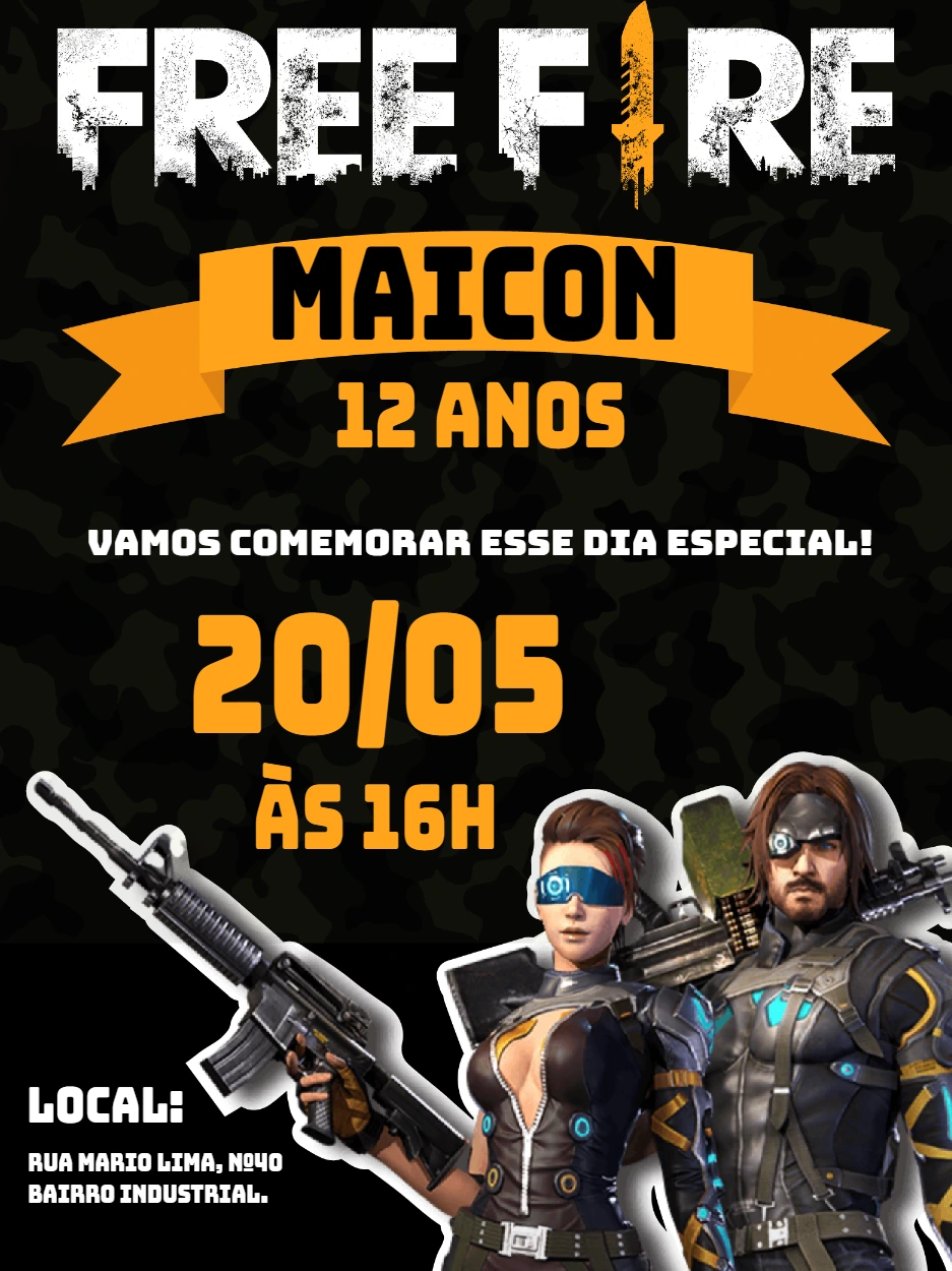Convite Aniversário Free Fire com Personagens para Editar Online