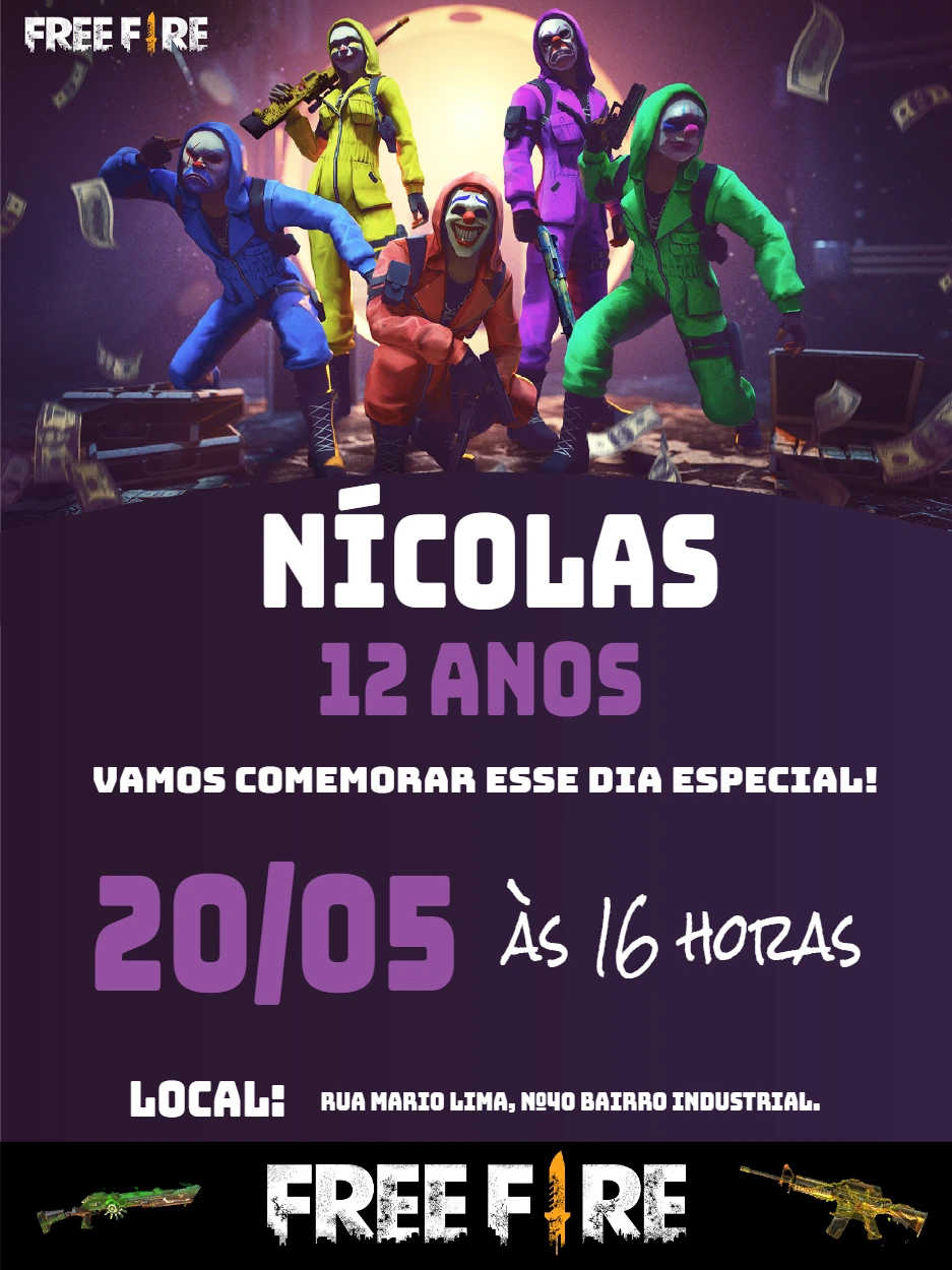 Convite de Aniversário Free Fire com Personagens para Editar
