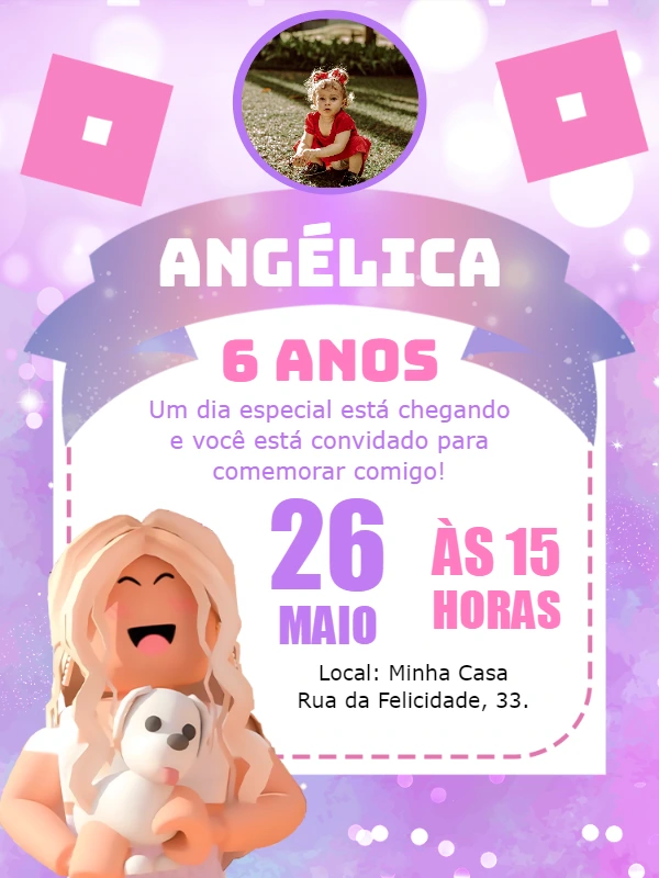 Convite de Aniversário Roblox Menina com Foto para Editar