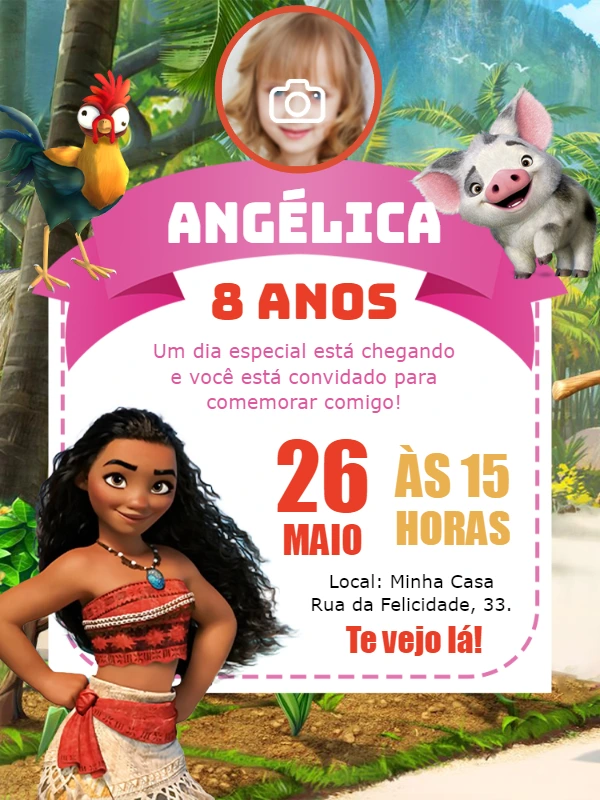 Convite de Aniversário Moana com Foto para Editar Online