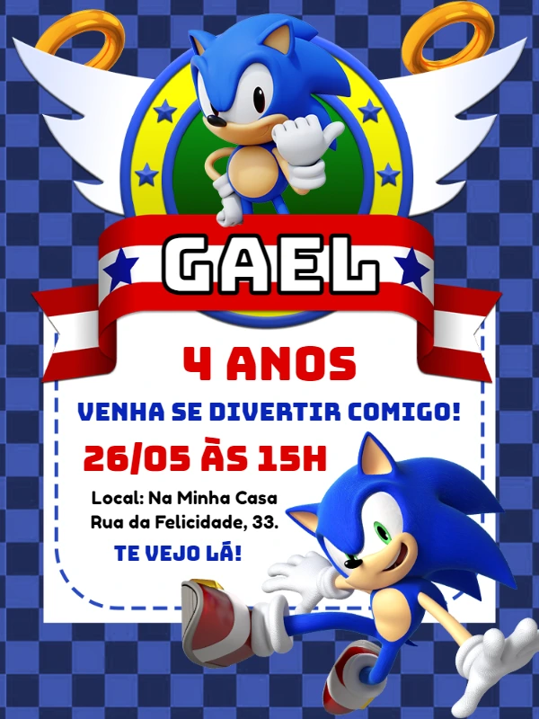 Convite de Aniversário Sonic Editável Online para Imprimir