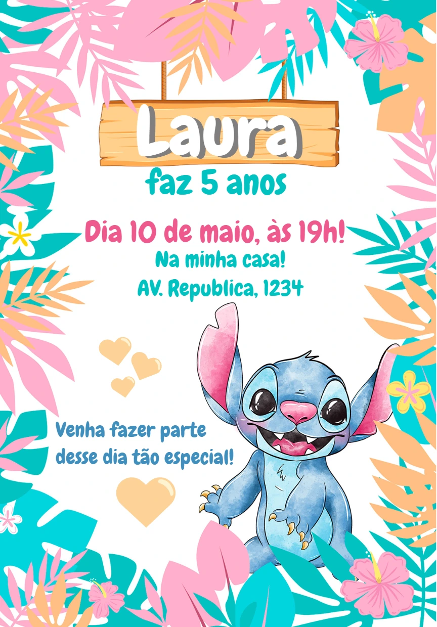 Convite de Aniversário Stitch Tropical para Editar Online