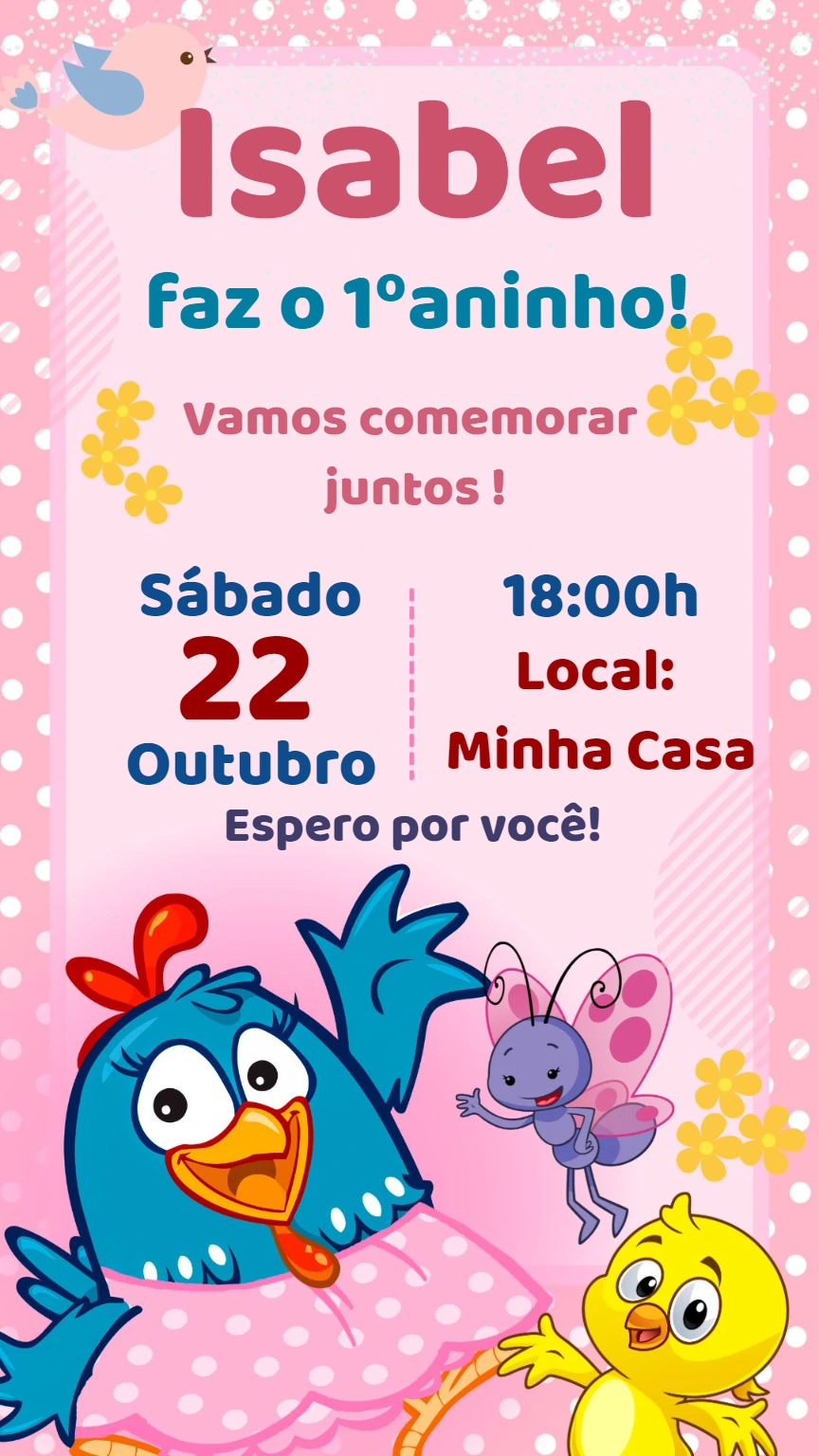 Convite de Aniversário Galinha Pintadinha Rosa para Editar Online
