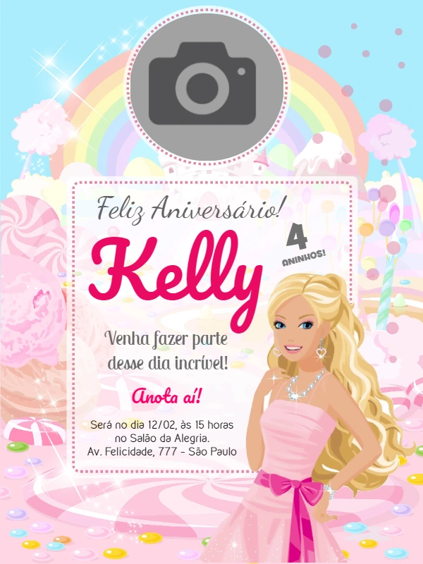 Convite de Aniversário Barbie com Foto para Editar Online