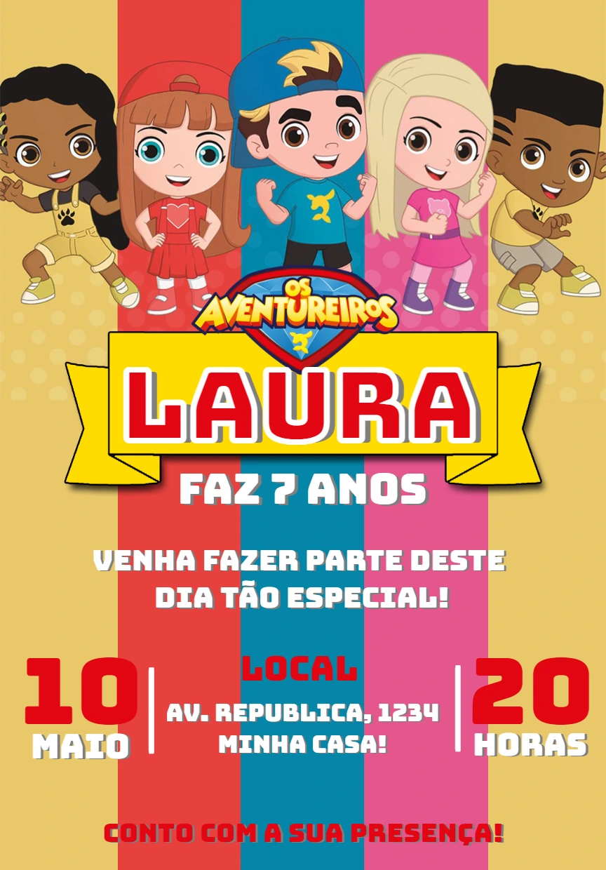 Convite de Aniversário Os Aventureiros para Editar Online