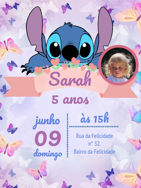 Convite de Aniversário Stitch com Foto para Editar Online
