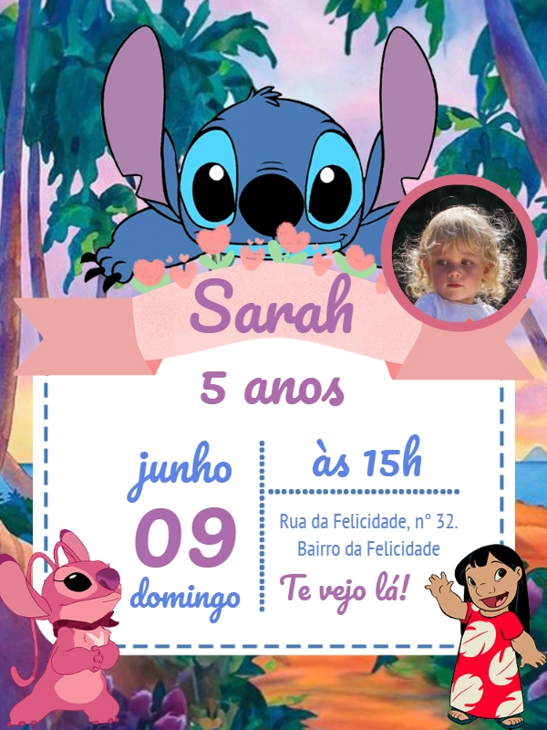 Convite Aniversário Stitch e Angel com Foto para Editar