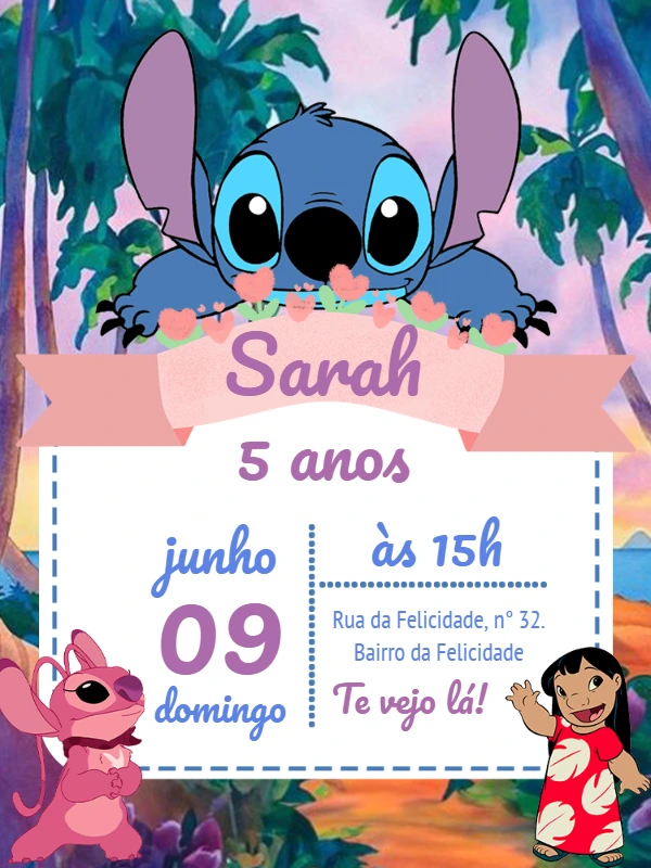 Convite Aniversário Stitch e Angel para Editar Online