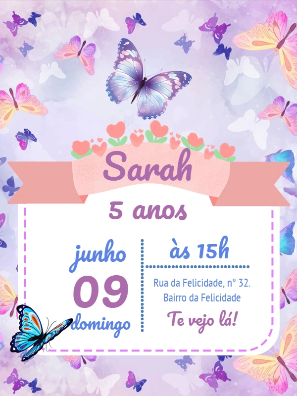 Convite Aniversário Jardim das Borboletas para Editar Online