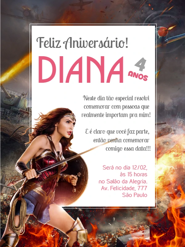 Convite de Aniversário Mulher Maravilha para Editar Online