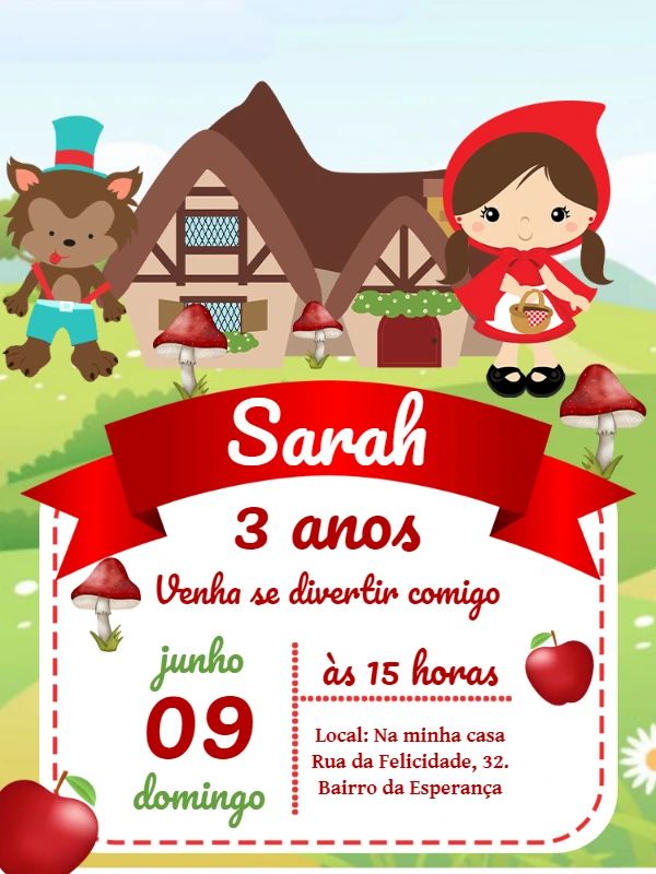 Convite Aniversário Chapeuzinho Vermelho para Editar Online