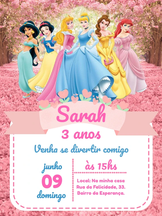 Convite de Aniversário Princesas da Disney para Editar Online