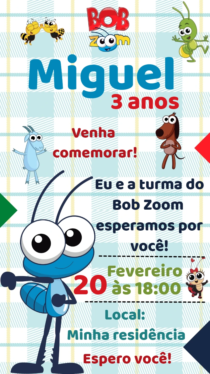 Convite Aniversário Bob Zoom com Personagens para Editar Online