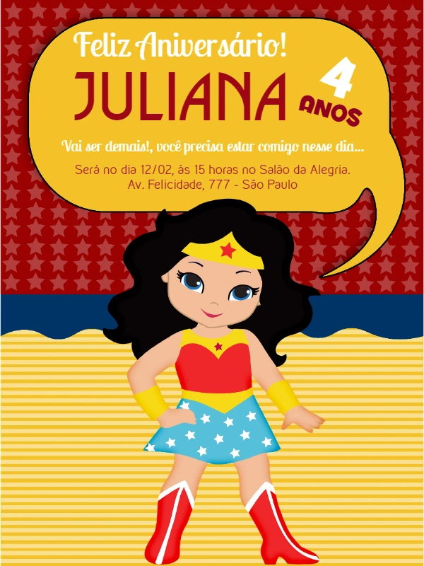Convite Aniversário Mulher Maravilha Toy para Editar Online