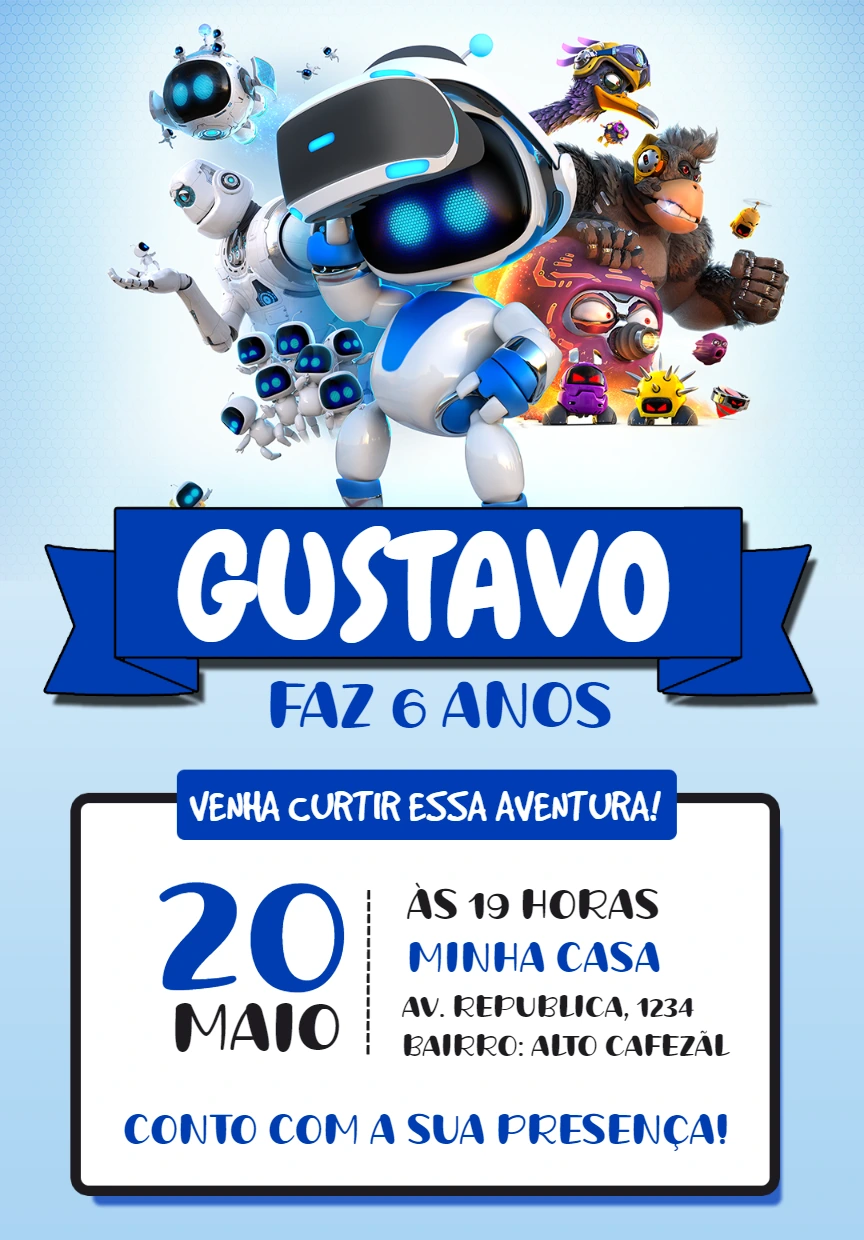 Convite de Aniversário Astro Bot com Personagens para Editar