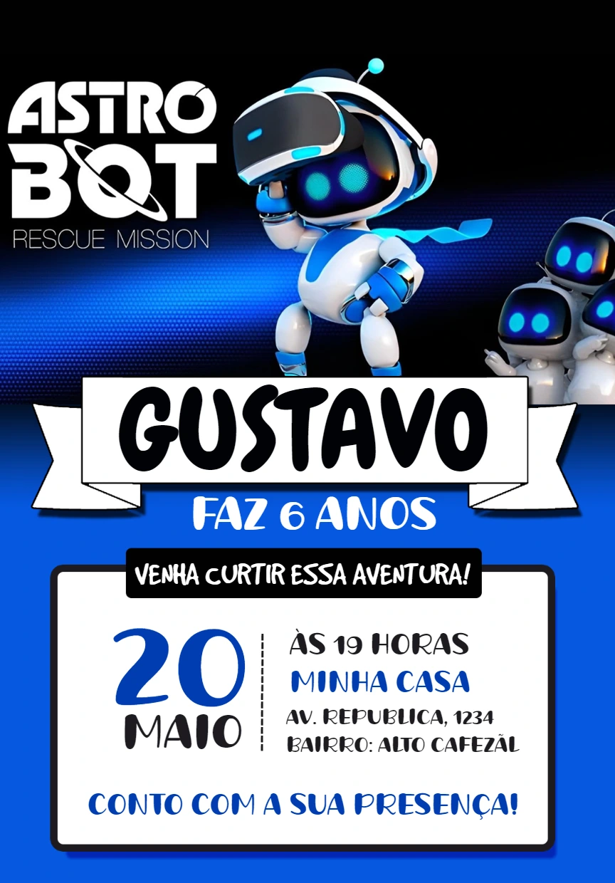 Convite de Aniversário Astro Bot Game para Editar Online