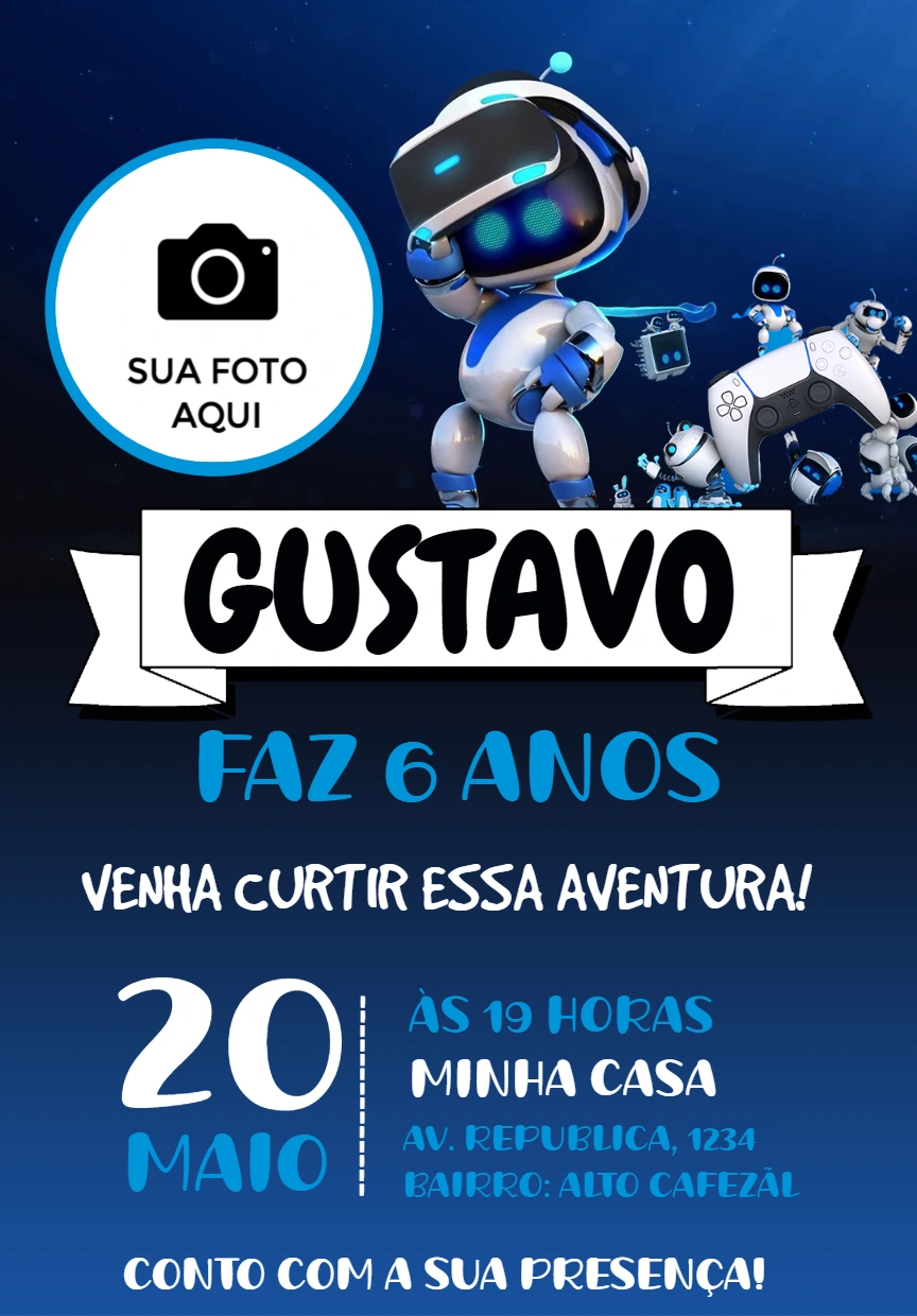 Convite Aniversário Astro Bot com Foto para Editar Online