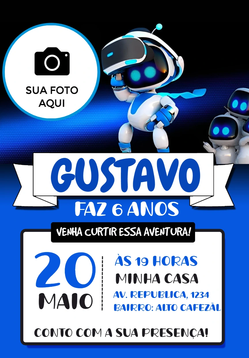 Convite Aniversário Astro Bot com Foto para Editar Online