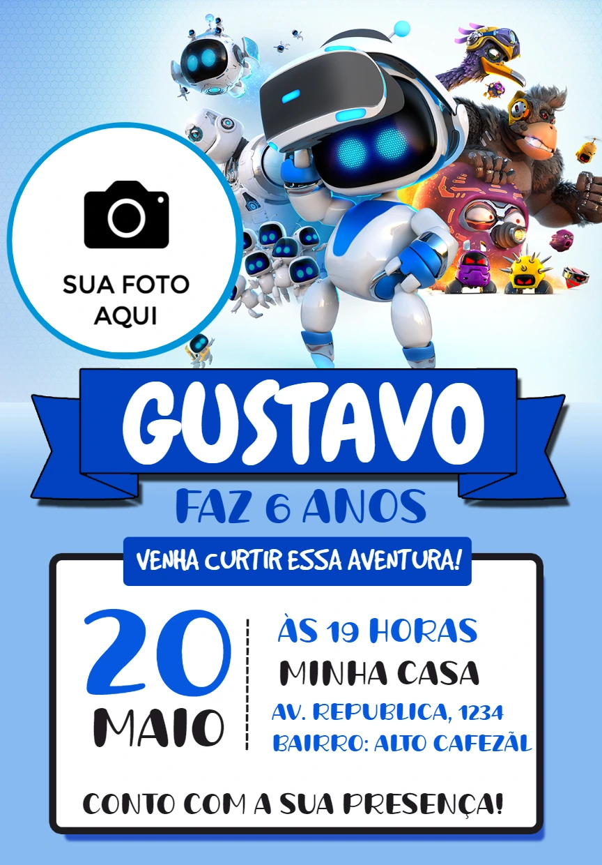 Convite de Aniversário Astro Bot com Foto para Editar Online