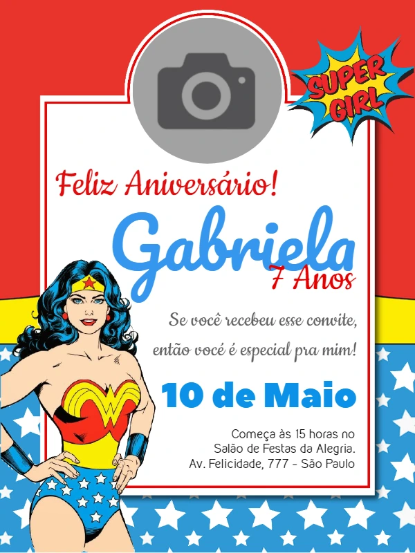 Convite Aniversário Mulher Maravilha com Foto para Editar Online