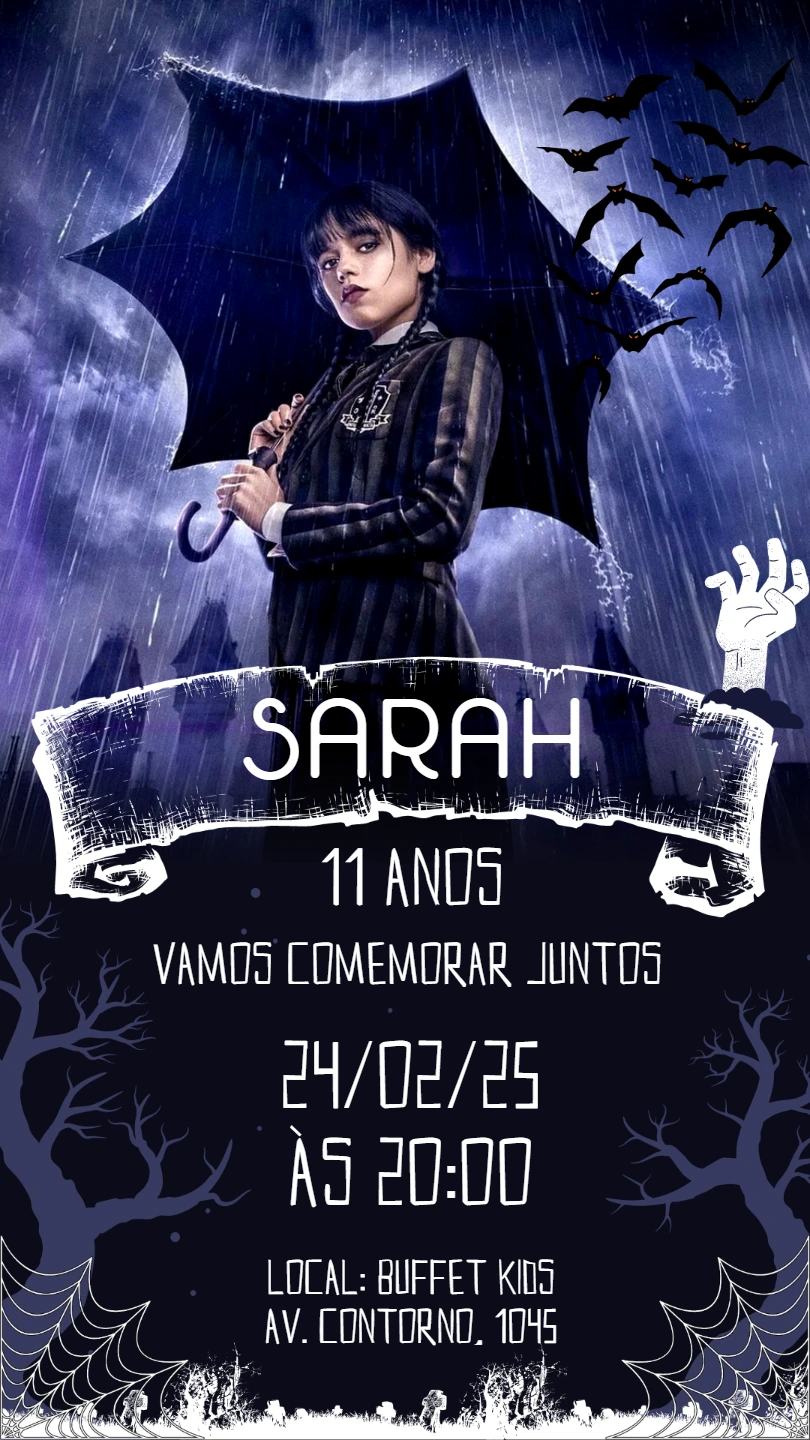 Convite de Aniversário Wandinha Addams para Editar Online