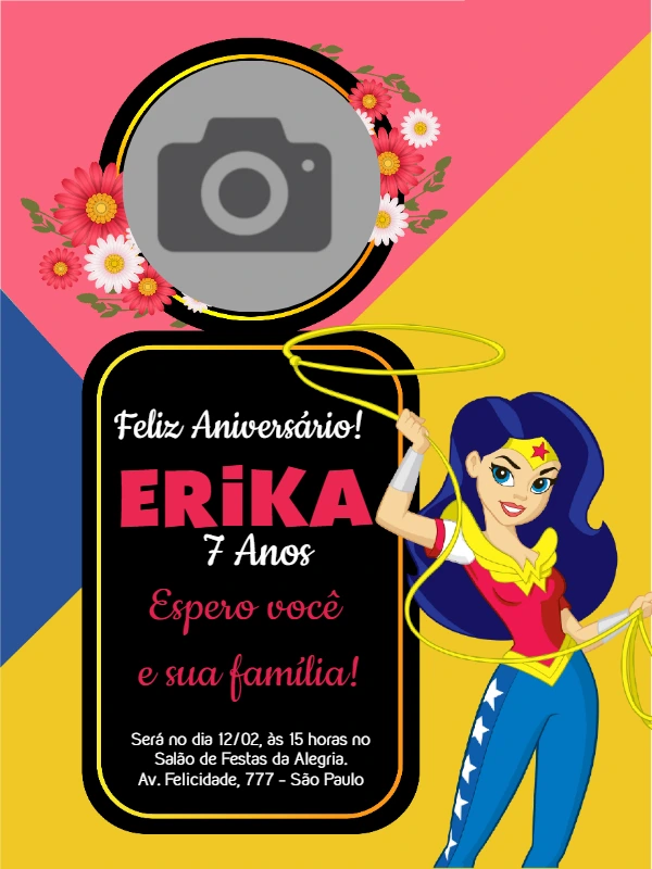 Convite Aniversário Mulher Maravilha com Foto para Editar