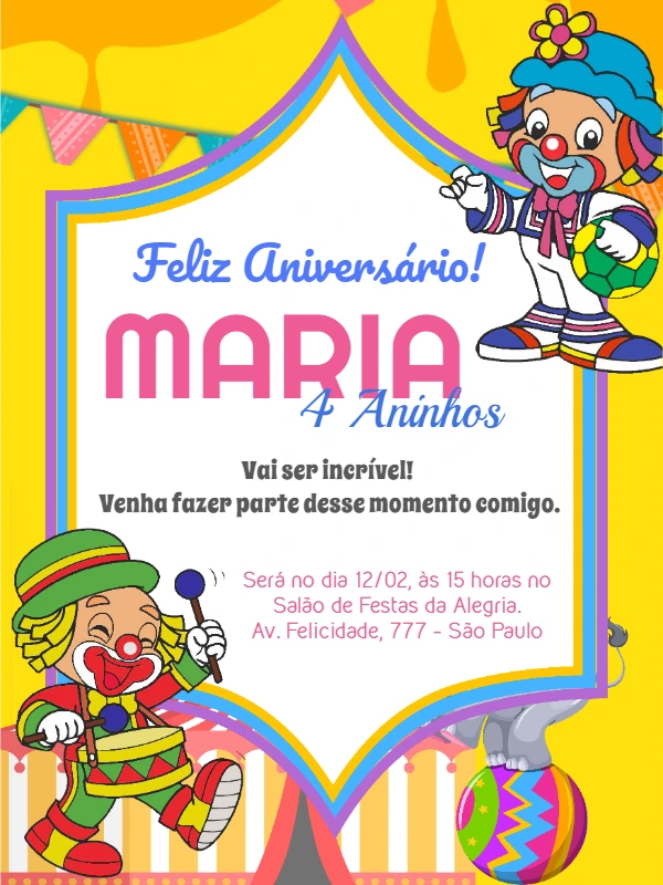 Convite de Aniversário Circo Patati Patata para Editar Online