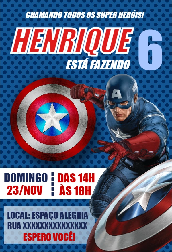 Convite Aniversário Capitão América para Editar Online