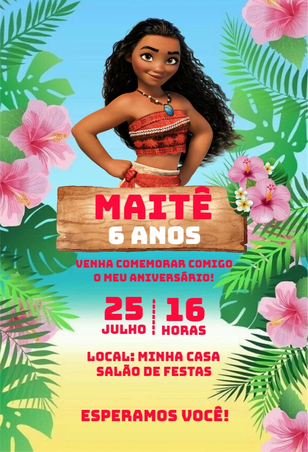 Convite Aniversário Moana para Editar Online e Imprimir