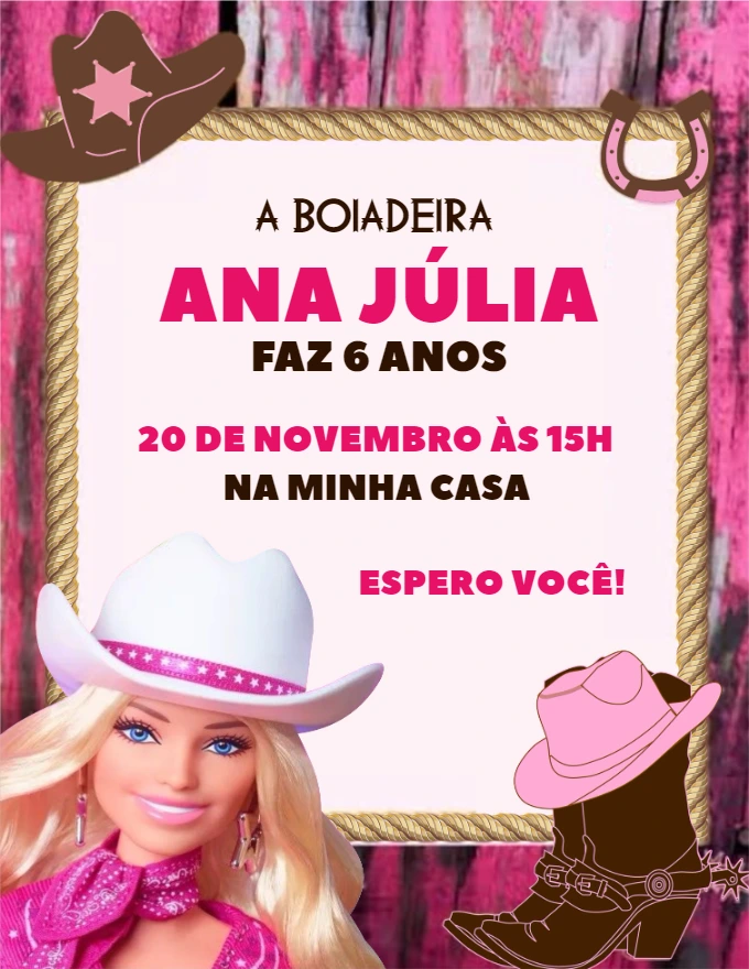 Convite Aniversário Barbie Boiadeira para Editar Online