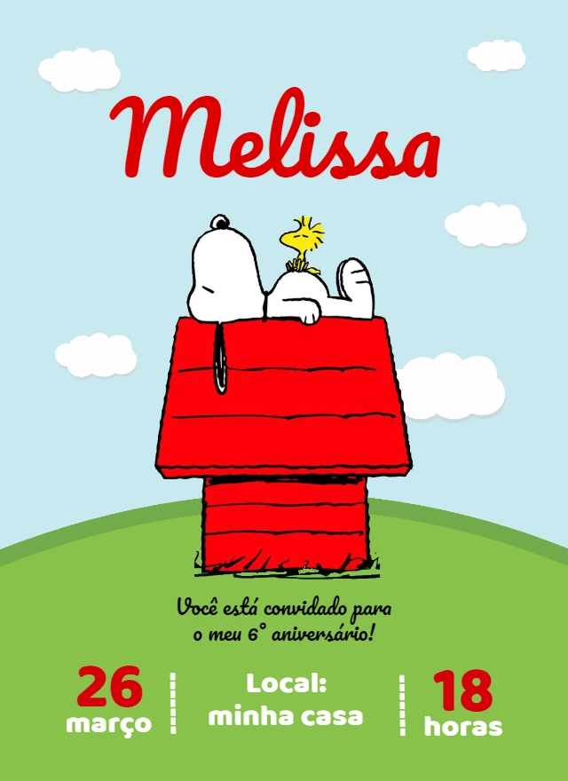 Convite de Aniversário Snoopy Editável Online para Imprimir