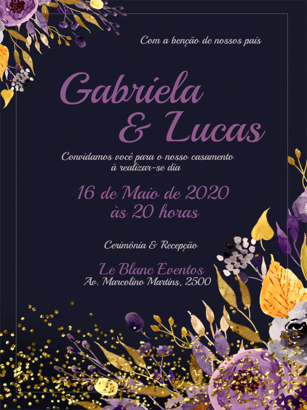 Convite de Casamento Floral Roxo e Dourado para Editar Online