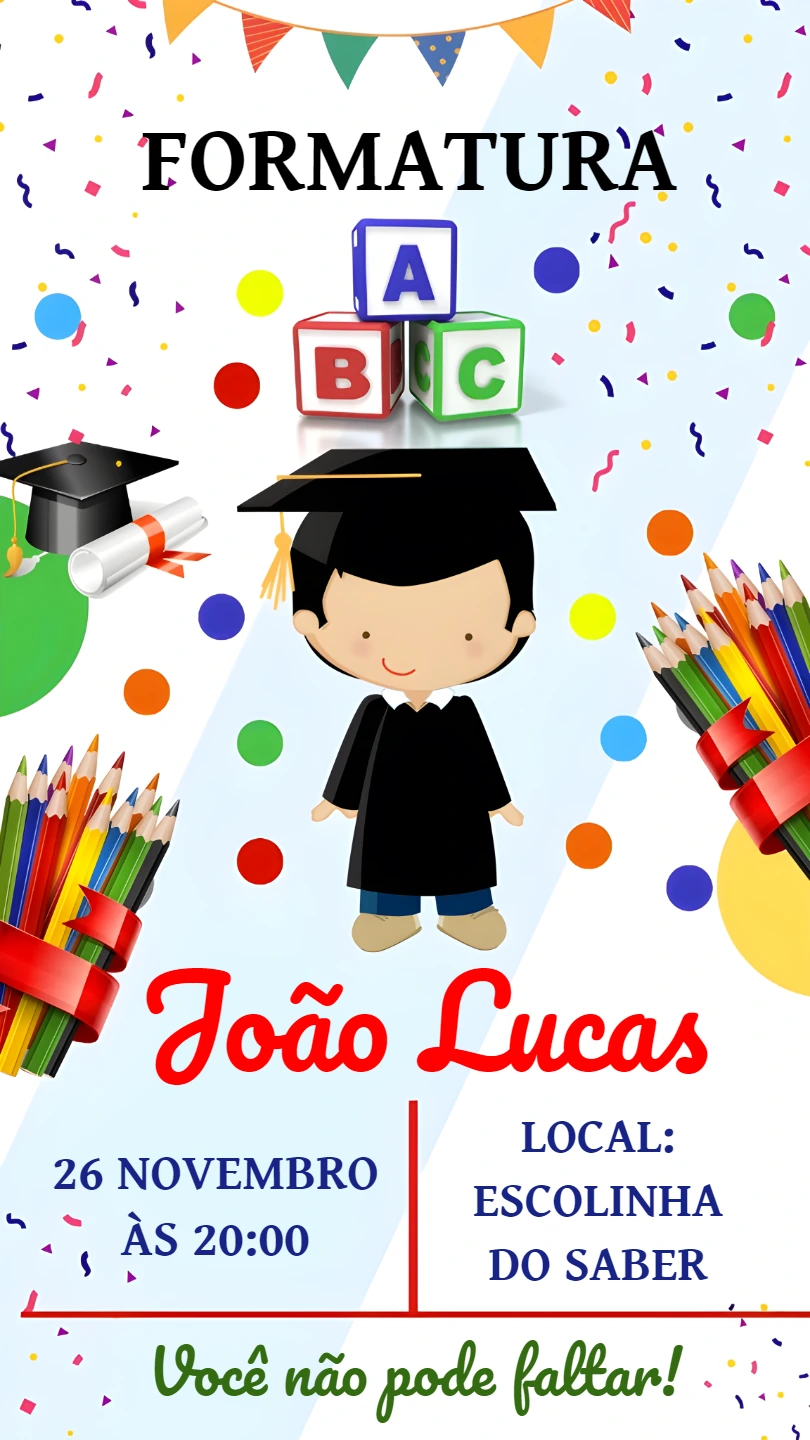 Convite Formatura Infantil ABC Menino para Editar Online