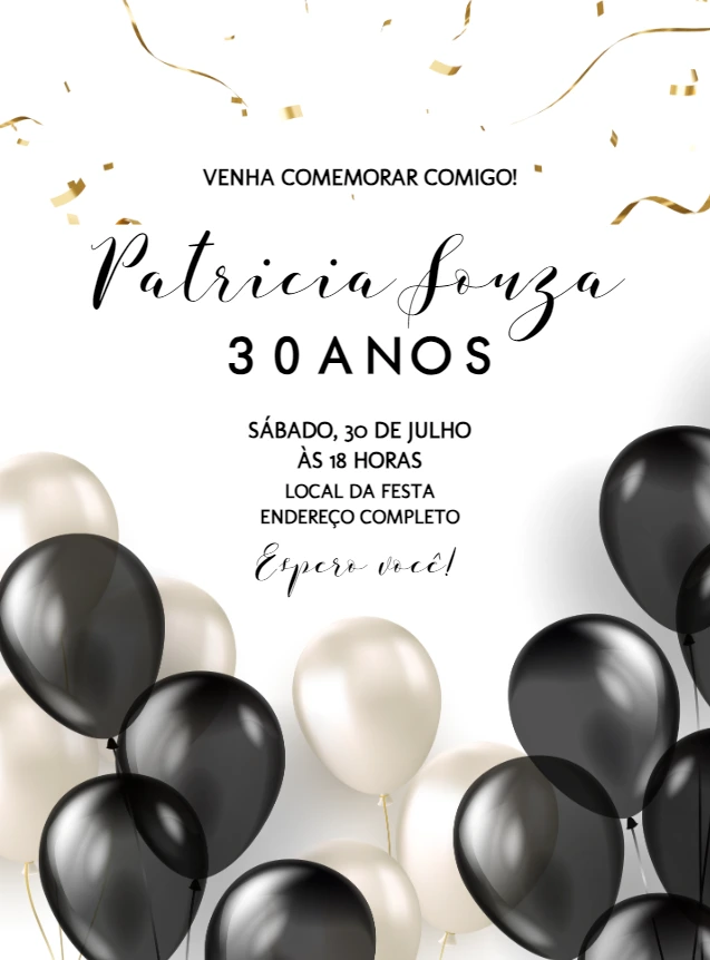 Convite de Aniversário Minimalista Preto e Dourado para Editar