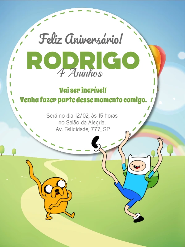 Convite de Aniversário Hora da Aventura com Personagens para Editar