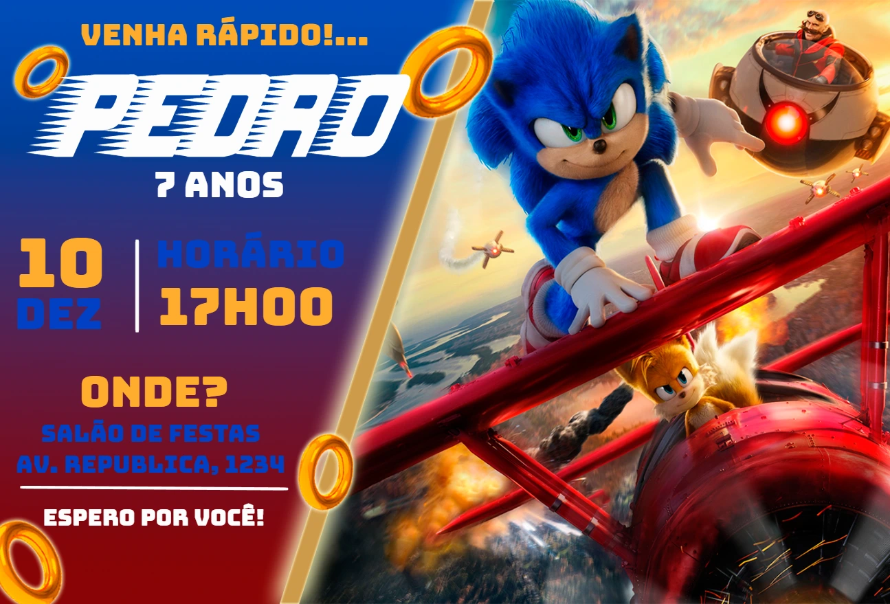 Convite de Aniversário Sonic para Editar Online