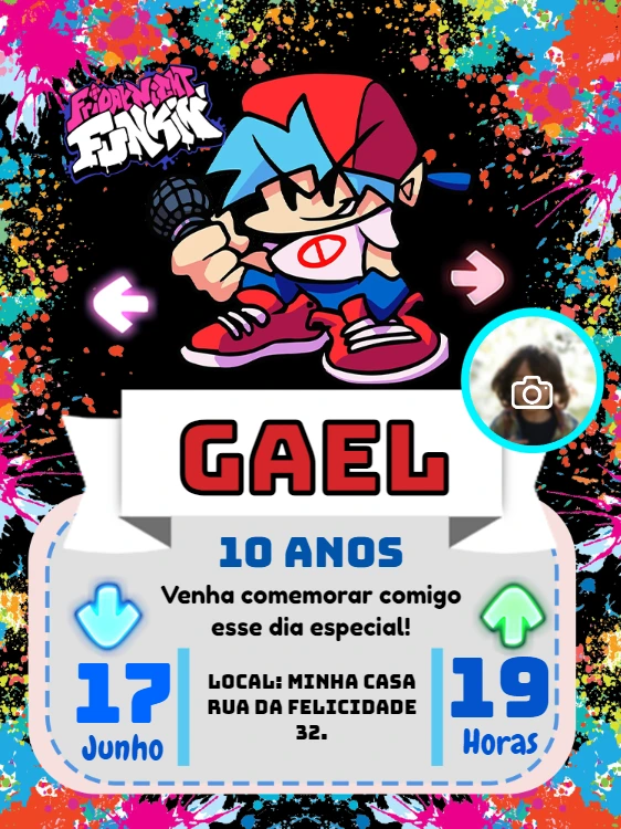 Convite de Aniversário Friday Night Funkin com Foto para Editar