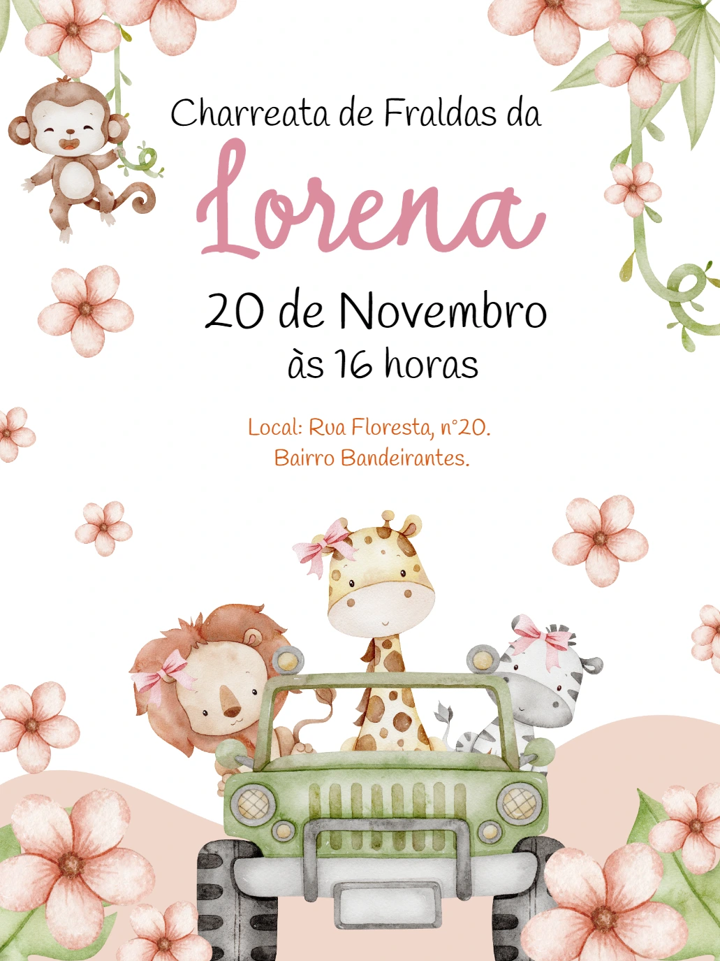 Convite Charreata de Fraldas Safari Rosa para Editar Online