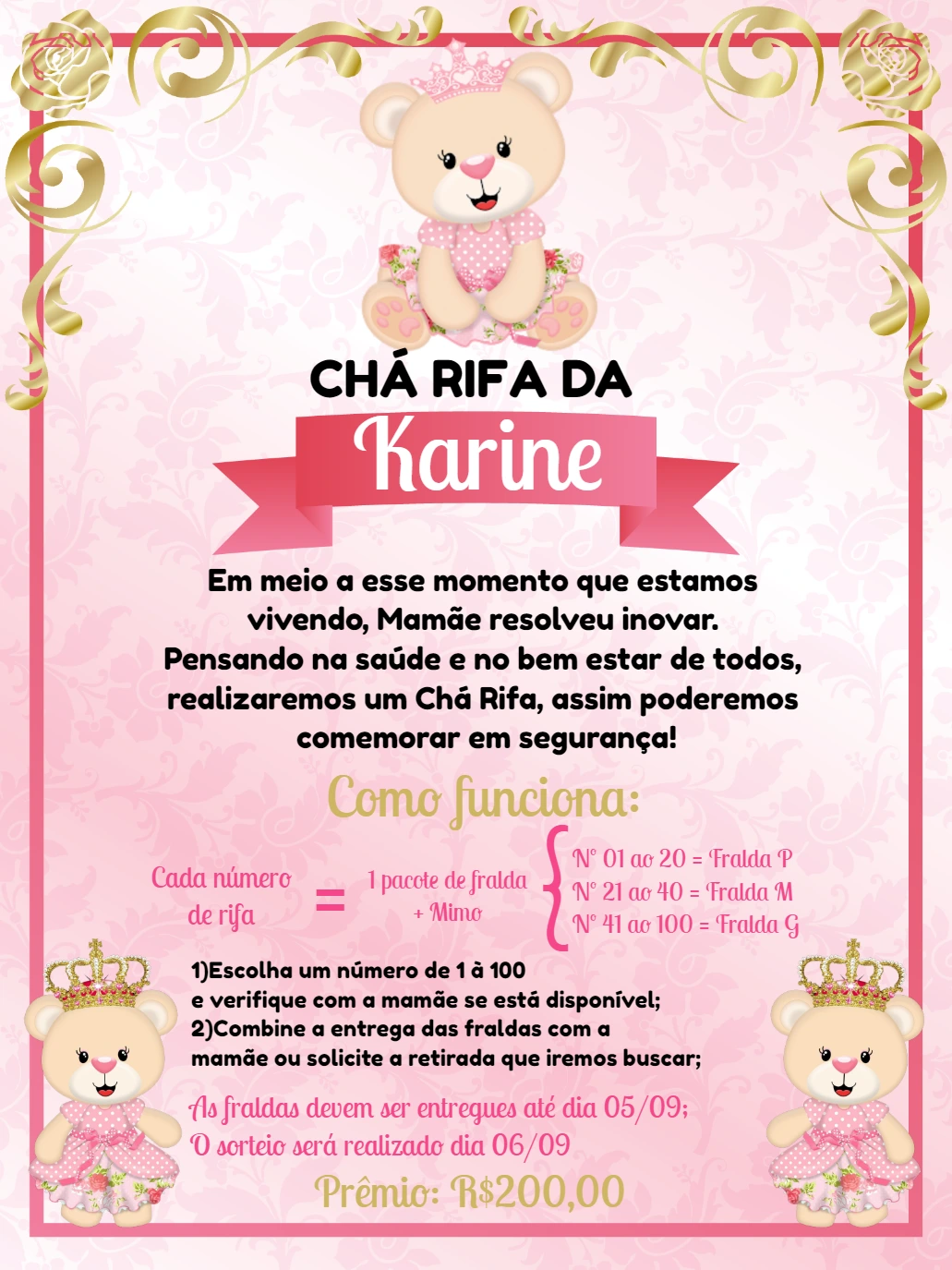 Convite Chá Rifa Ursinha Princesa para Editar Online