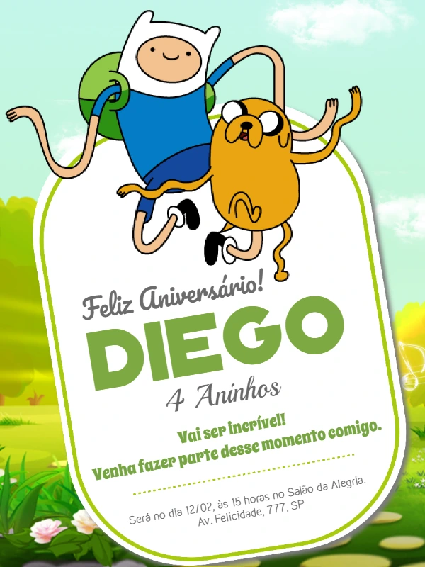 Convite de Aniversário Hora da Aventura com Personagens para Editar