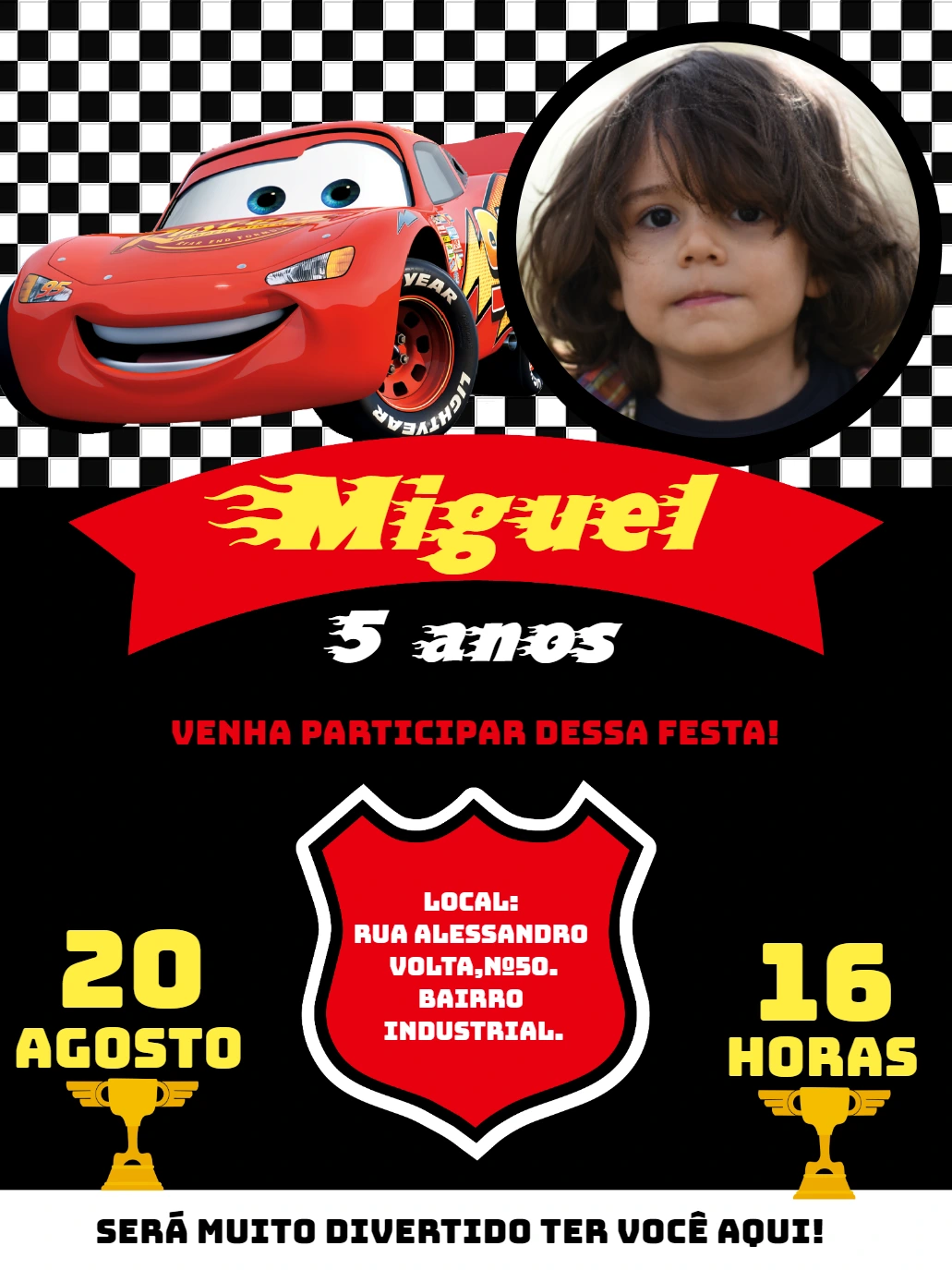 Convite Aniversário Carros com Foto para Editar Online