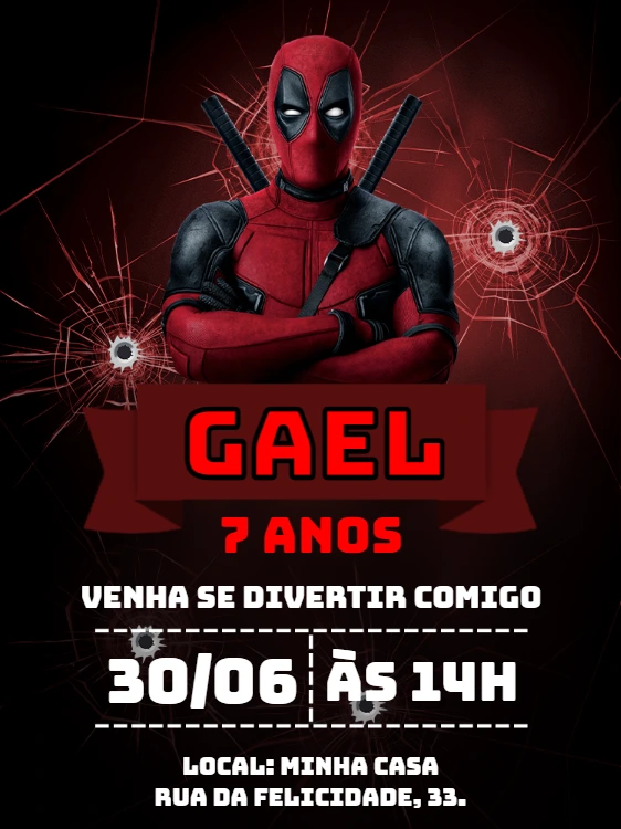 Convite de Aniversário Deadpool para Editar e Enviar Online