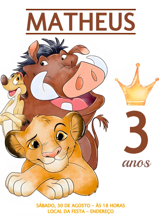 Convite Aniversário O Rei Leão Aquarela para Editar Online
