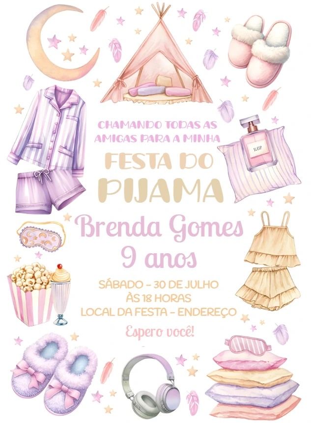 Convite Aniversário Festa do Pijama Aquarela para Editar Online